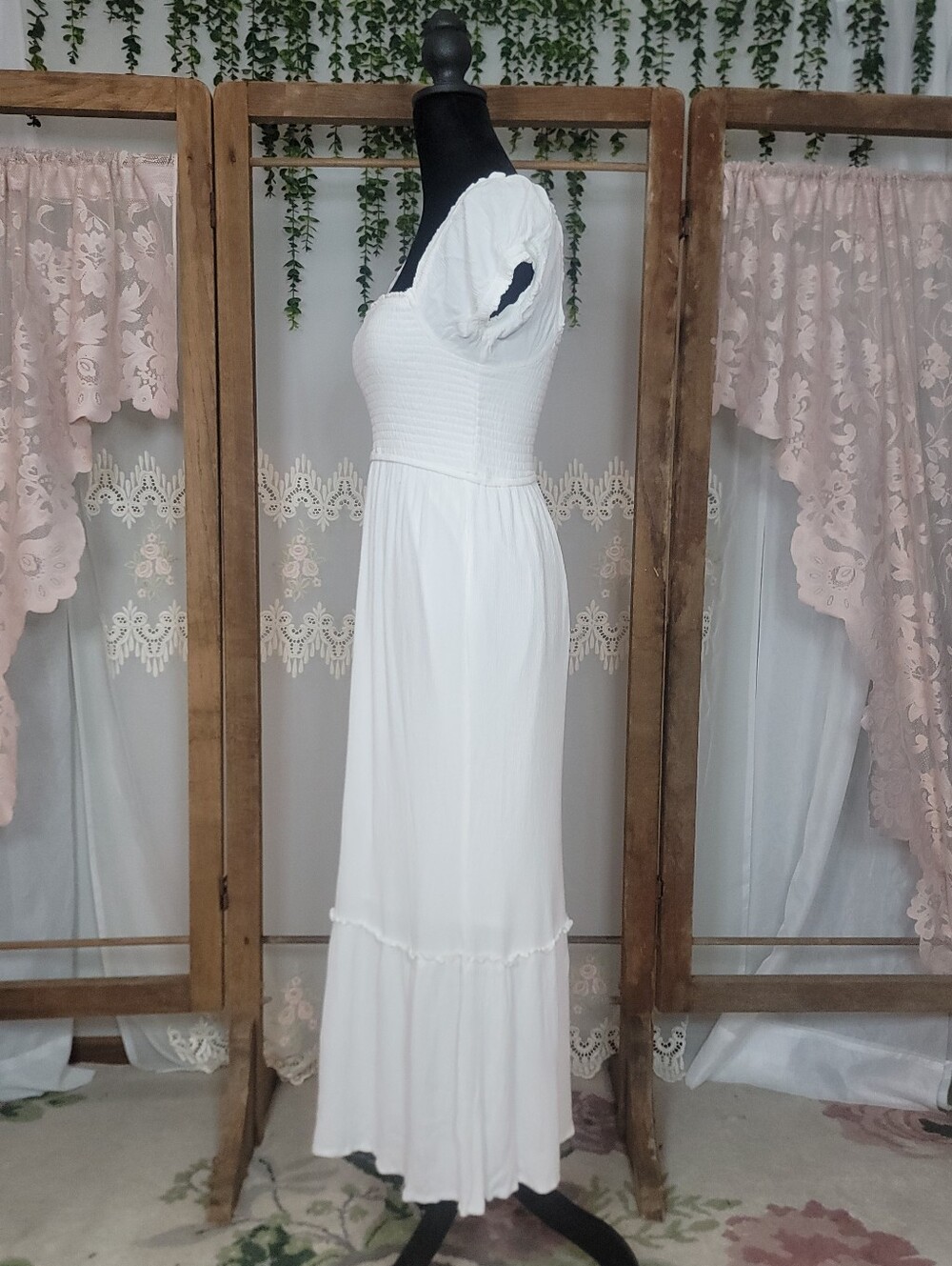 White Smocked Midi Dress with Puff Sleeves | Cottagecore Boho Indie Festival - Picture 5 of 11